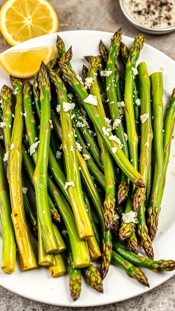 A plate of golden oven roasted asparagus with a lemon wedge and Parmesan cheese.